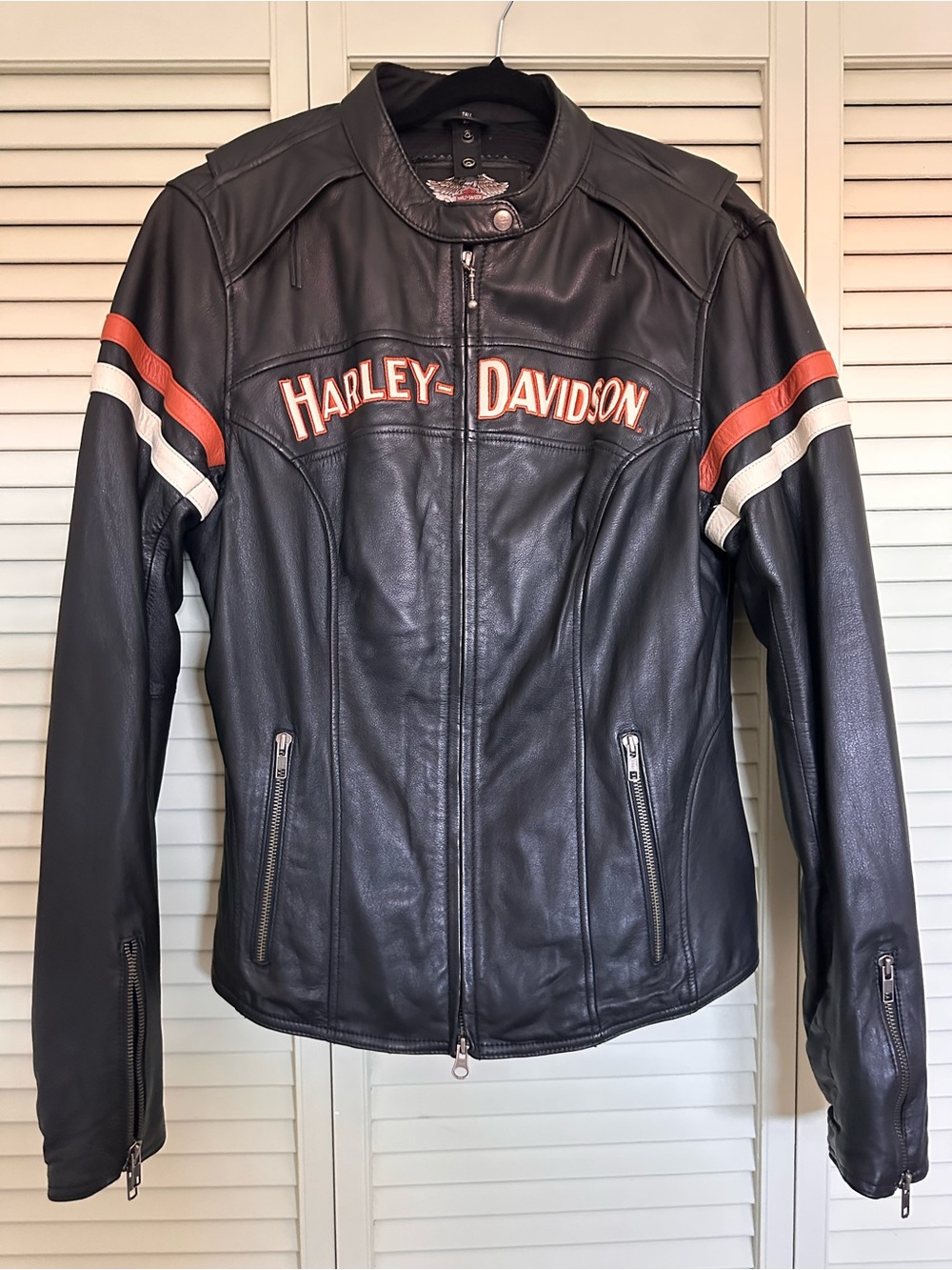 Harley-Davidson Black Leather Jacket with Orange and White Stripes